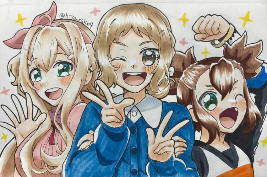 3girls, :d, ;d, aki_masuzu, arm_up, blonde_hair, blue_cardigan, blue_shirt, blue_sweater, blush, bow, bracelet, breasts, brown_eyes, brown_hair, buttons, cardigan, clenched_hand, clenched_hands, collared_shirt, doi_tamako, double_v, double_w, fang, green_eyes, hair_between_eyes, hair_bow, hair_bun, hair_ornament, hair_ribbon, hairband, hairclip, hands_up, highres, hiyo_niko9, iyojima_anzu, jewelry, locked_arms, long_hair, long_sleeves, looking_at_viewer, medium_hair, multiple_girls, neck_ribbon, nogi_wakaba_wa_yuusha_de_aru, one_eye_closed, open_mouth, pink_bow, pink_cardigan, pink_hairband, pink_sweater, raglan_sleeves, ribbon, shirt, short_hair, short_sleeves, sidelocks, smile, sparkle, sweater, teeth, traditional_media, twintails, twitter_username, upper_body, upper_teeth_only, v, w, waving, white_background, white_shirt, yuusha_de_aru