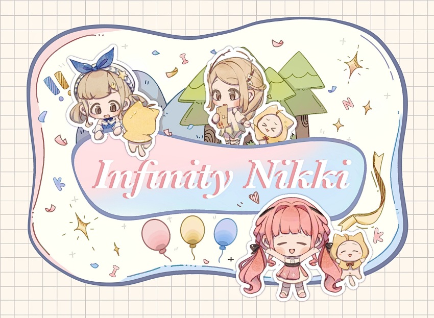 !, !!, 3girls, :o, ^_^, arms_up, balloon, bare_arms