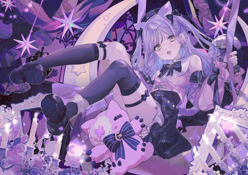 1girl, animal_ears, bare_shoulders, black_bow, black_bowtie, black_hat, black_shoes, black_thighhighs