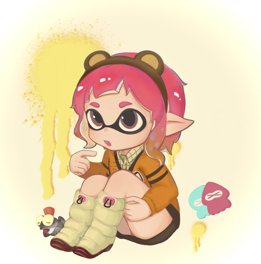 1girl, animal_ear_hairband, animal_ears, bear_ear_hairband, bear_ears, black_shorts, blunt_bangs, boots, brown_hairband, buttons, chinese_commentary, collared_shirt, colored_tips, commentary_request, crest, double-parted_bangs, fake_animal_ears, fish, fox39367, full_body, hairband, hand_on_own_thigh, highres, knee_boots, knees_up, long_sleeves, multicolored_hair, nintendo, octoling, octoling_girl, octoling_player_character, octopus, orange_sweater, paint_splatter, pink_hair, plaid_clothes, plaid_shirt, pointing, pointing_at_self, pointy_ears, shirt, shirt_under_sweater, short_hair, shorts, sitting, smallfry_(splatoon), solo, splatoon_(series), splatoon_3, squid, surprised, sweater, tentacle_hair, white_boots, white_shirt, yellow_background