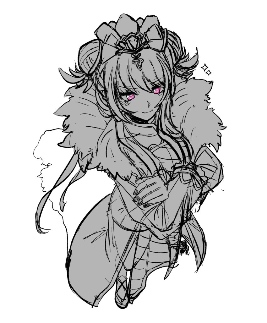 1girl, 3nu13nu1, chinese_clothes, coat, crossed_arms, double_bun, full_body, fur-trimmed_coat