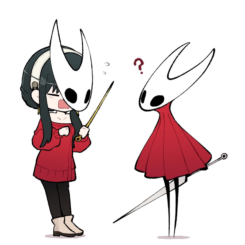 2girls, ?, absurdres, black_hair, black_pantyhose, boots, chibi, chibi_only