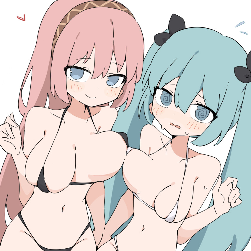 2girls, @_@, aqua_hair, bikini, black_bikini, blue_eyes, blush, breast_press