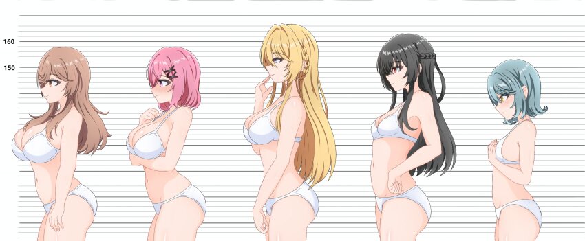 5girls, absurdres, amaori_renako, bikini, black_hair, blue_hair, braid, breasts