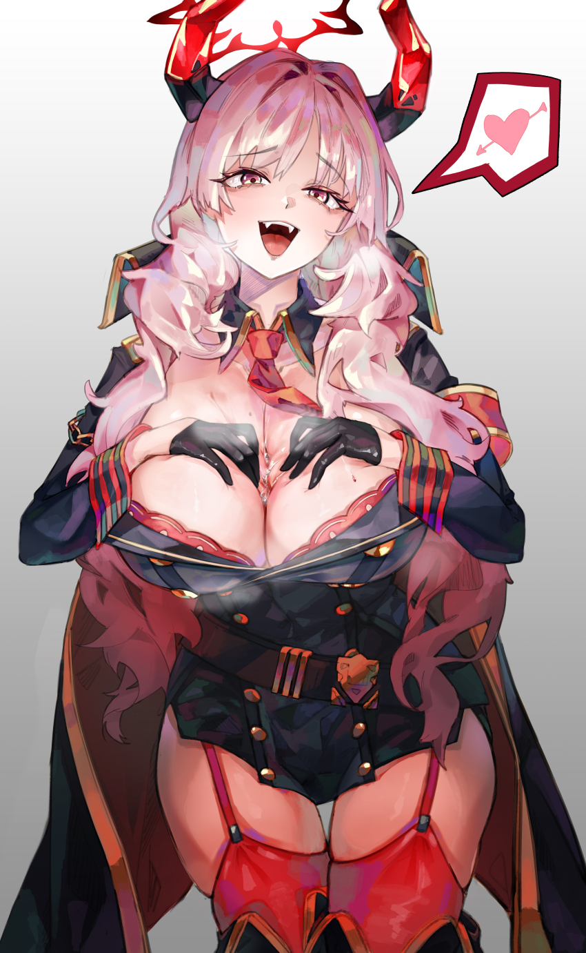 1girl, absurdres, blue_archive, breasts, coat, coat_on_shoulders, demon_girl, demon_horns