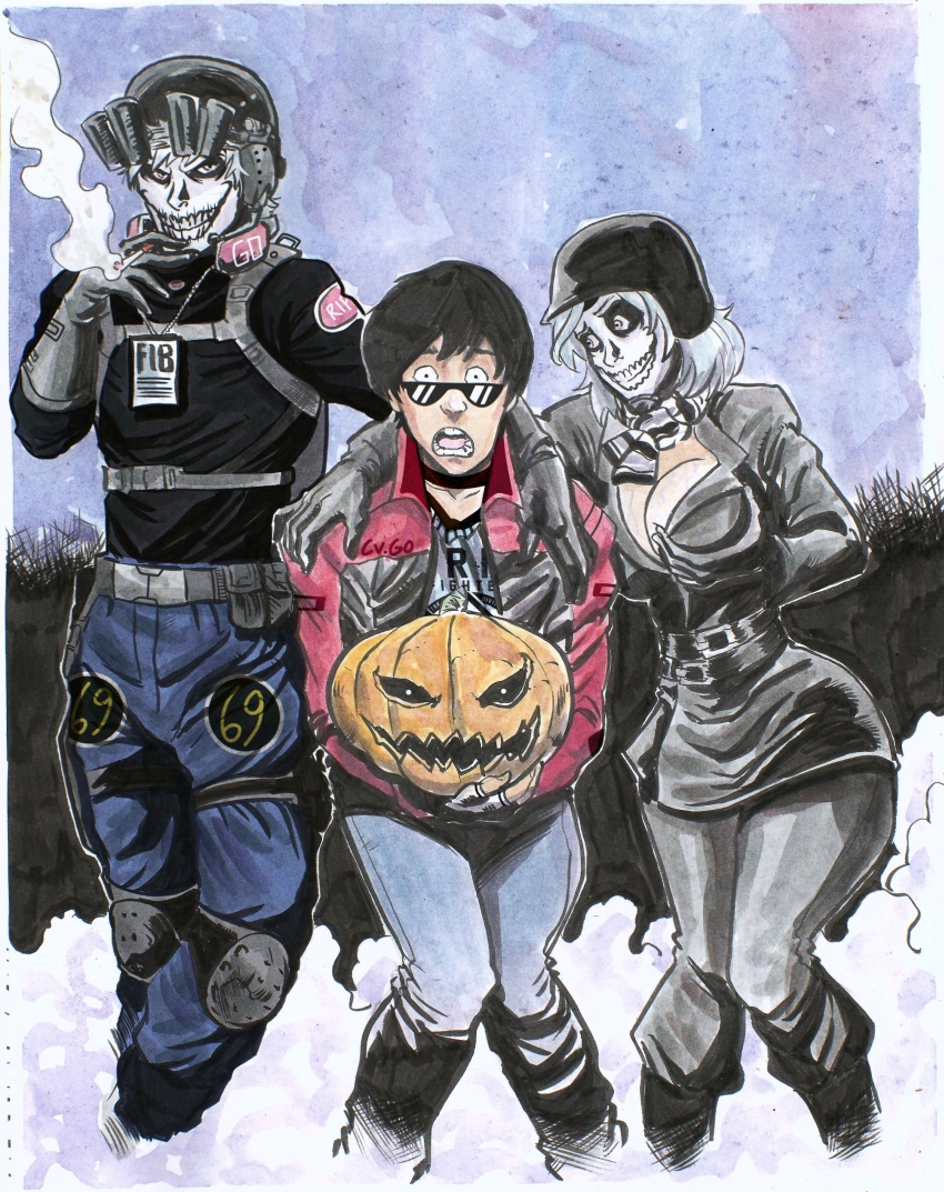 absurdres, blood_rivals, chris_hollway_(blood_rivals), crossover, halloween, hella_stalin, highres, kalinocs, killer_hunts_killer, red_colter, skull, tactical_clothes