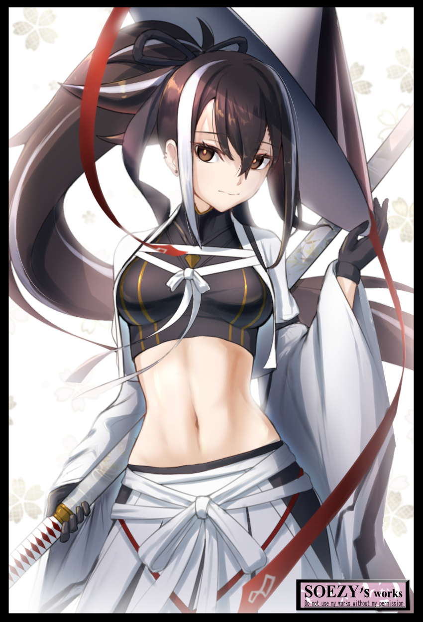 1girl, absurdres, black_gloves, black_hair, black_shirt, breasts, brown_eyes, cropped_shirt