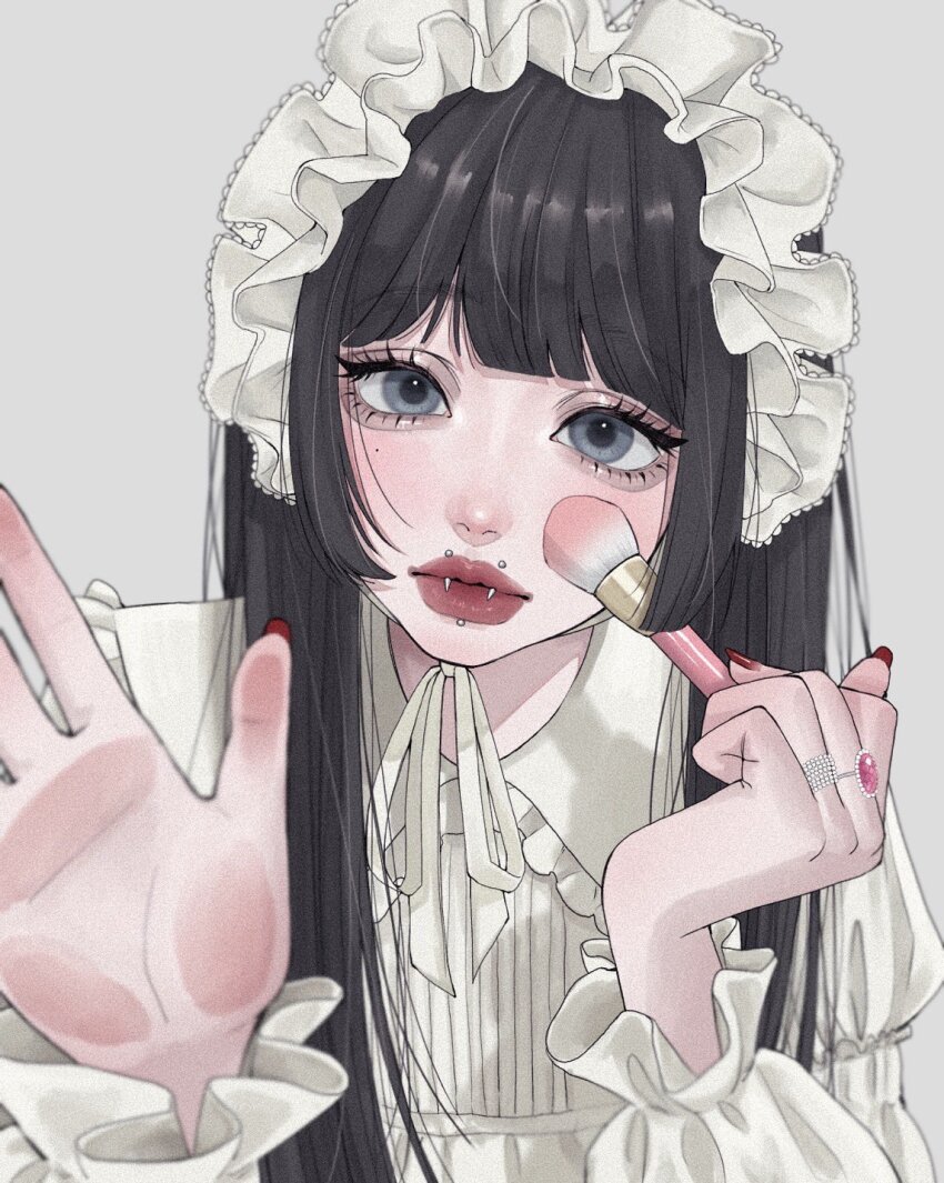 1girl, aegyo_sal, applying_makeup, black_hair, blue_eyes, blurry, closed_mouth, collar