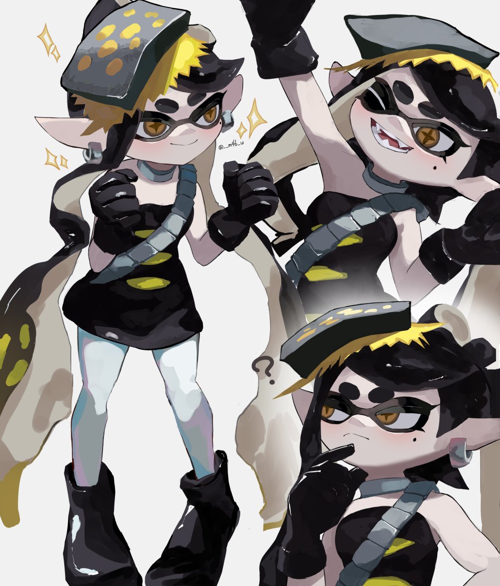 1girl, ?, arm_up, black_boots, black_dress, black_gloves, black_hair, blonde_hair, boots, bow-shaped_hair, brown_eyes, callie_(alterna)_(splatoon), callie_(splatoon), clenched_hands, closed_mouth, commentary_request, cross-shaped_pupils, dress, earrings, fang, gloves, hand_on_own_chin, inkling, jewelry, long_hair, long_pointy_ears, m46_u, mole, mole_under_eye, multicolored_hair, multiple_views, neck_ring, nintendo, one_eye_closed, open_mouth, pantyhose, pointy_ears, smile, splatoon_(series), splatoon_3, strapless, strapless_dress, symbol-shaped_pupils, tentacle_hair, thick_eyebrows, twintails, very_long_hair, white_pantyhose