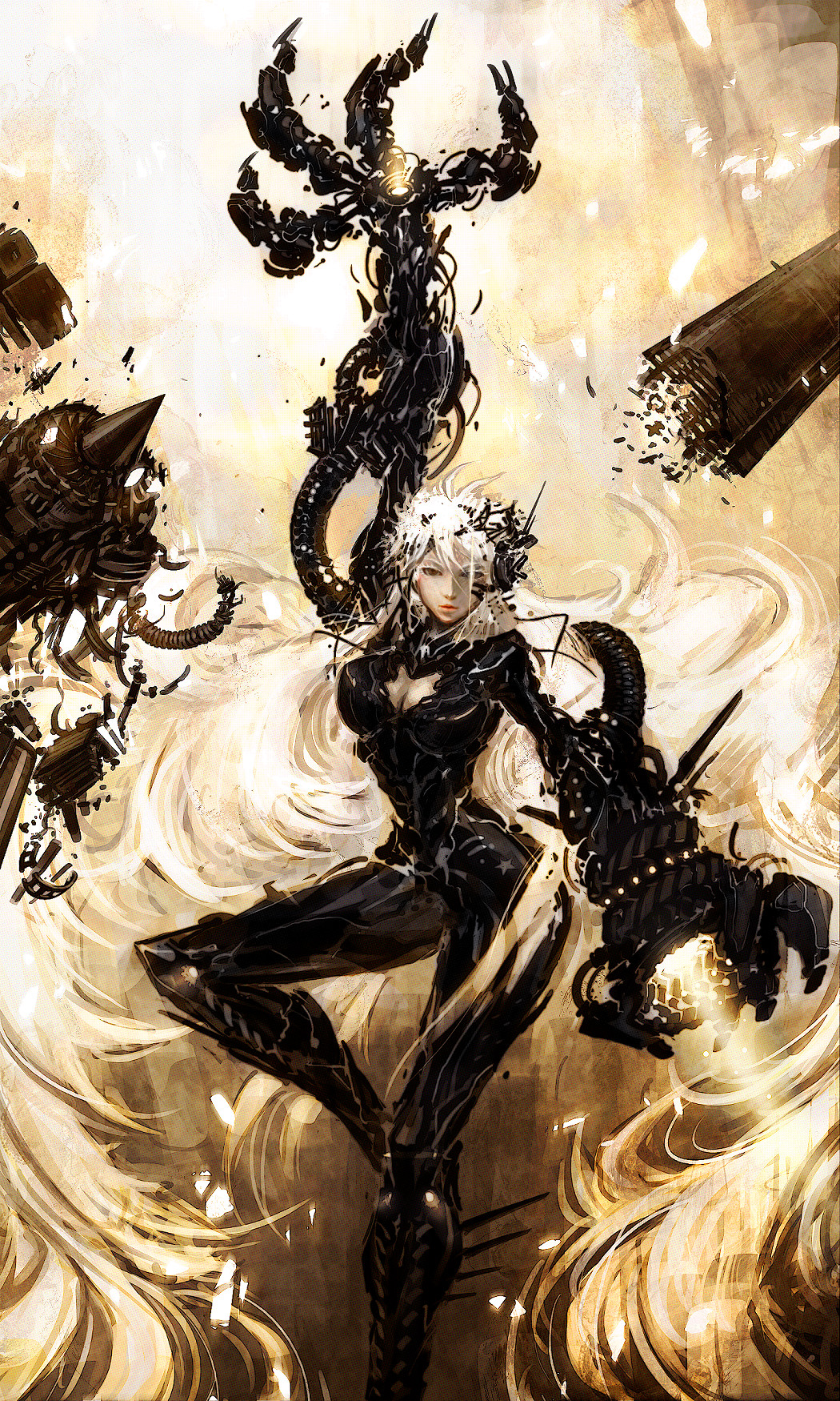 1girl, aircraft, airplane, bad_id, bad_pixiv_id, breasts, broken, brown_eyes, claws, cleavage, cleavage_cutout, clothing_cutout, cyborg, female_focus, george, george_(genesika), heart, highres, large_breasts, leg_lift, long_hair, original, solo, very_long_hair, white_hair