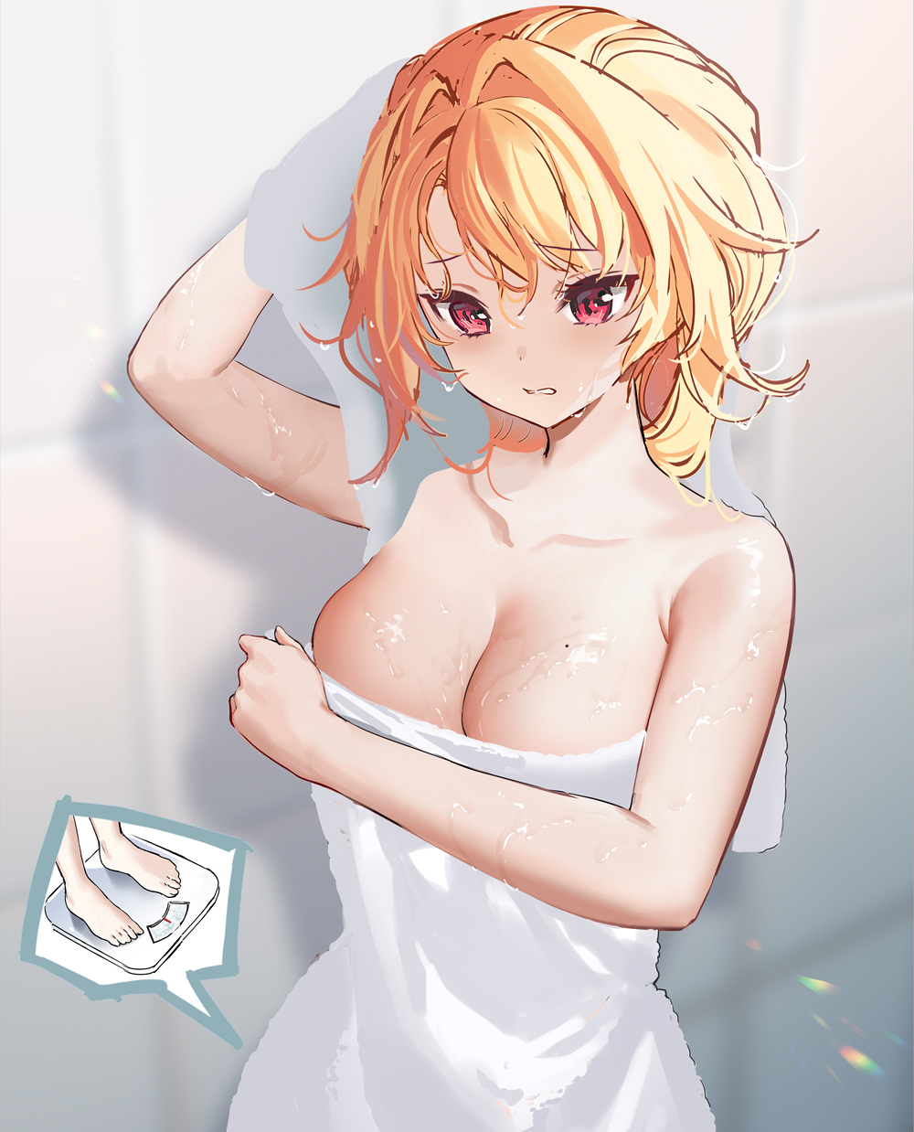 1girl, after_bathing, arm_up, baizu_(guszx), bare_shoulders, blonde_hair, blush, breasts