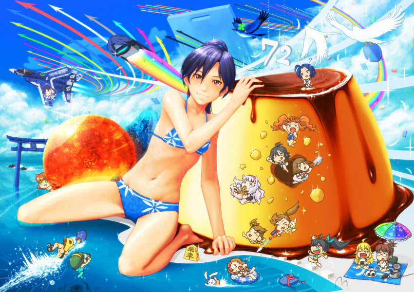 >_<, 6+girls, :d, :o, :q, ?, ace_combat, afloat, ahoge, aircraft, airplane, akizuki_ritsuko, amami_haruka, animal, antenna_hair, arm_support, bad_id, bad_pixiv_id, barefoot, beach, beach_umbrella, bikini, bird, black_hair, blonde_hair, blue_bikini, blue_hair, blush, blush_stickers, board_game, brown_eyes, brown_hair, camcorder, chibi, chihacula, closed_eyes, cloud, clover, day, everyone, f-15, food, four-leaf_clover, futami_ami, futami_mami, ganaha_hibiki, george, george_(genesika), giant, giantess, glasses, green_hair, grin, hagiwara_yukiho, hairband, hamster, hamuzou, highres, hoshii_miki, idolmaster, idolmaster_(classic), innertube, itasha, jet, kickboard, kikuchi_makoto, kisaragi_chihaya, long_hair, minase_iori, miura_azusa, multiple_girls, nonowa, noodles, onigiri, open_mouth, orange_hair, otonashi_kotori, outdoors, oversized_object, p-head_producer, ponytail, pool, producer_(idolmaster), pudding, rainbow, ramen, rice_cooker, shijou_takane, shogi, short_hair, shovel, siblings, side_ponytail, sisters, sky, smile, stuffed_animal, stuffed_toy, surreal, swim_ring, swimming, swimsuit, takatsuki_yayoi, tongue, tongue_out, torii, twins, umbrella, video_camera, water, water_gun, wet, worktool