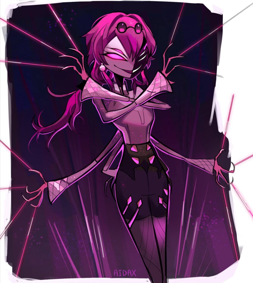 1girl, adxrn, arthropod_girl, arthropod_limbs, cropped_legs, earrings, extra_arms, extra_eyes, eyewear_on_head, glowing, glowing_eyes, hair_between_eyes, highres, honkai:_star_rail, honkai_(series), insect_girl, jewelry, kafka_(honkai:_star_rail), long_hair, long_sleeves, monster_girl, pantyhose, purple_claws, purple_eyes, purple_hair, round_eyewear, shirt, silk, smile, solo, spider_girl, spider_web, standing, sunglasses