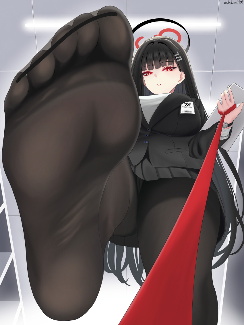 1girl, absurdres, black_hair, black_jacket, black_pantyhose, black_skirt, blazer, blue_archive