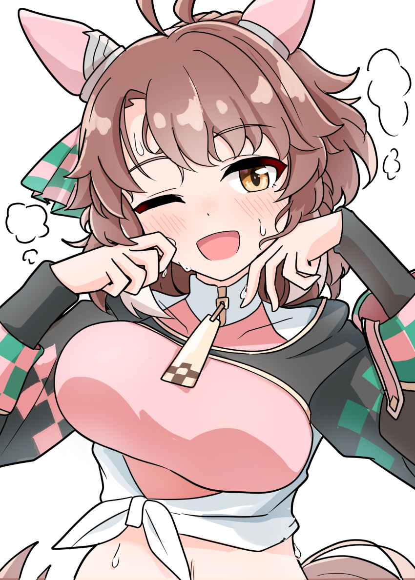 1girl, absurdres, ahoge, animal_ears, arnolddayo, black_sleeves, blush, breasts