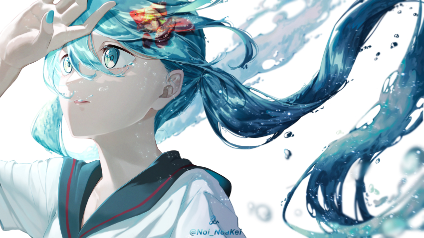 1girl, absurdres, air_bubble, blue_hair, bottle_miku, bubble, commentary, fish
