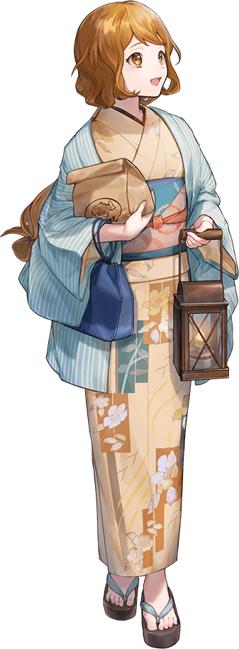 1girl, bag, blue_haori, brown_eyes, brown_hair, floral_print, folded_hair, full_body, haori, hozuka_(kadokawa), japanese_clothes, kantai_collection, kimono, lantern, long_hair, looking_to_the_side, official_art, ootomari_(kancolle), ootomari_(yukata)_(kancolle), paper_bag, sandals, smile, solo, standing, striped_haori, third-party_source, transparent_background, yellow_kimono, yukata