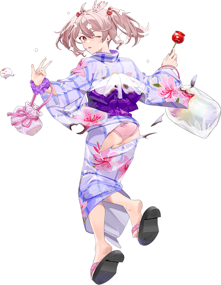 1girl, animal, animal_on_head, antenna_hair, bag, candy_apple, creature, drew_(drew213g), floral_print, food, from_behind, full_body, gingham_kimono, hair_bobbles, hair_ornament, japanese_clothes, kantai_collection, kimono, official_art, on_head, pink_eyes, pink_hair, purple_kimono, rabbit, rabbit_on_head, sandals, satchel, sazanami_(kancolle), sazanami_(yukata)_(kancolle), short_hair, smile, solo, third-party_source, tongue, tongue_out, transparent_background, twintails, yukata