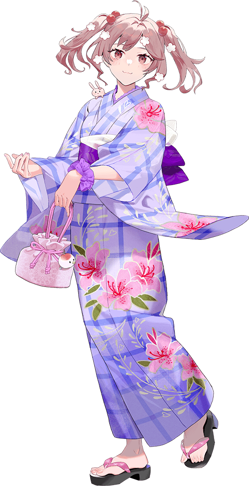 1girl, animal, animal_on_shoulder, antenna_hair, bag, drew_(drew213g), floral_print, full_body, gingham_kimono, hair_bobbles, hair_ornament, japanese_clothes, kantai_collection, kimono, official_art, pink_eyes, pink_hair, purple_kimono, rabbit, rabbit_on_shoulder, sandals, satchel, sazanami_(kancolle), sazanami_(yukata)_(kancolle), short_hair, smile, solo, third-party_source, transparent_background, twintails, yukata