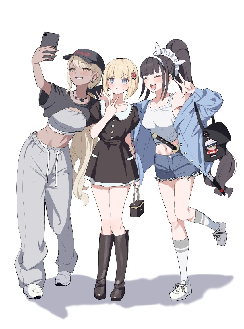 3girls, absurdres, alternate_costume, baseball_cap, black_boots, black_dress, black_hair, black_hat