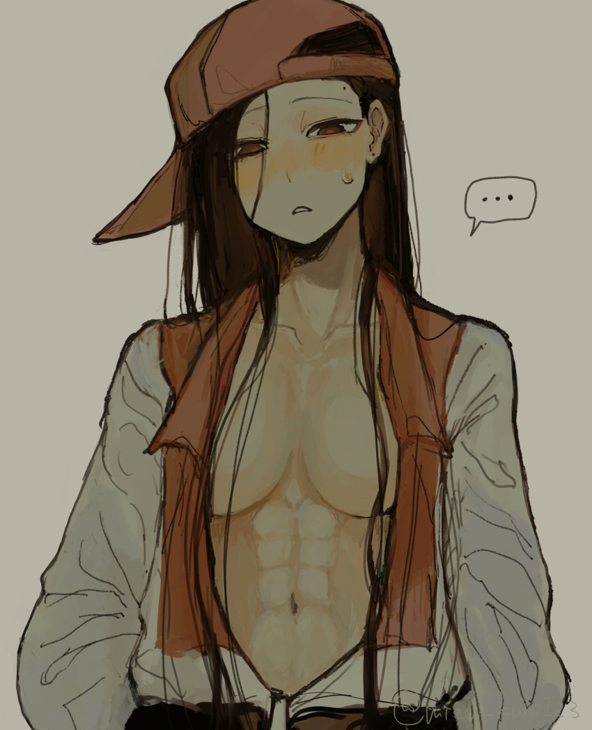 1girl, abs, baseball_cap, black_hair, blush, breasts, commentary_request, hat