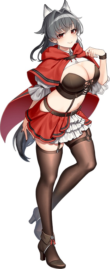 1girl, akasaka_yuzu, animal_costume, animal_ears, basket, breasts, capelet, claw_pose