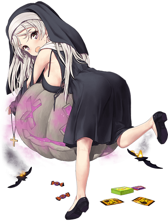 1girl, all_fours, alternate_costume, armpit_cutout, armpits, ass, black_dress, black_veil, breasts, brown_eyes, candy, clothing_cutout, coif, conte_di_cavour_(halloween)_(kancolle), conte_di_cavour_(kancolle), cross, dress, food, grey_hair, jack-o'-lantern, jiji_(aardvark), kantai_collection, large_breasts, leg_up, long_hair, long_sleeves, looking_at_viewer, nun, official_art, open_mouth, oppai_loli, pumpkin, purple_eyes, sideboob, solo, third-party_source, torn_clothes, traditional_nun, transparent_background, veil