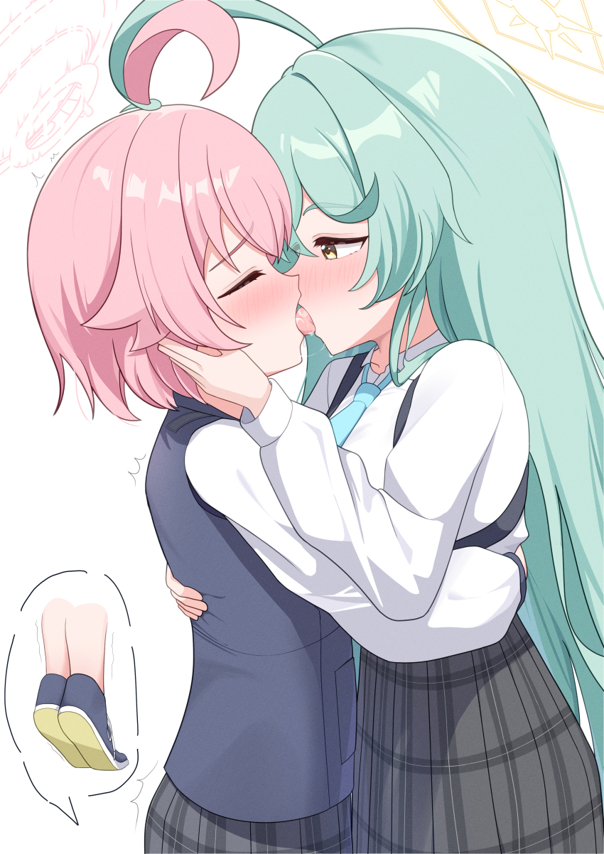 2girls, absurdres, ahoge, ahoges_touching, aqua_hair, black_skirt, black_vest, blue_archive