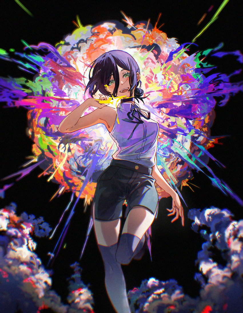 1girl, absurdres, armpits, backlighting, black_background, black_choker, black_hair, black_shorts