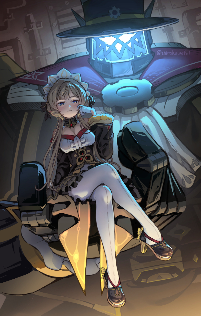 1girl, 1other, aqua_eyes, blush, breasts, brown_hair, closed_mouth, crossed_legs