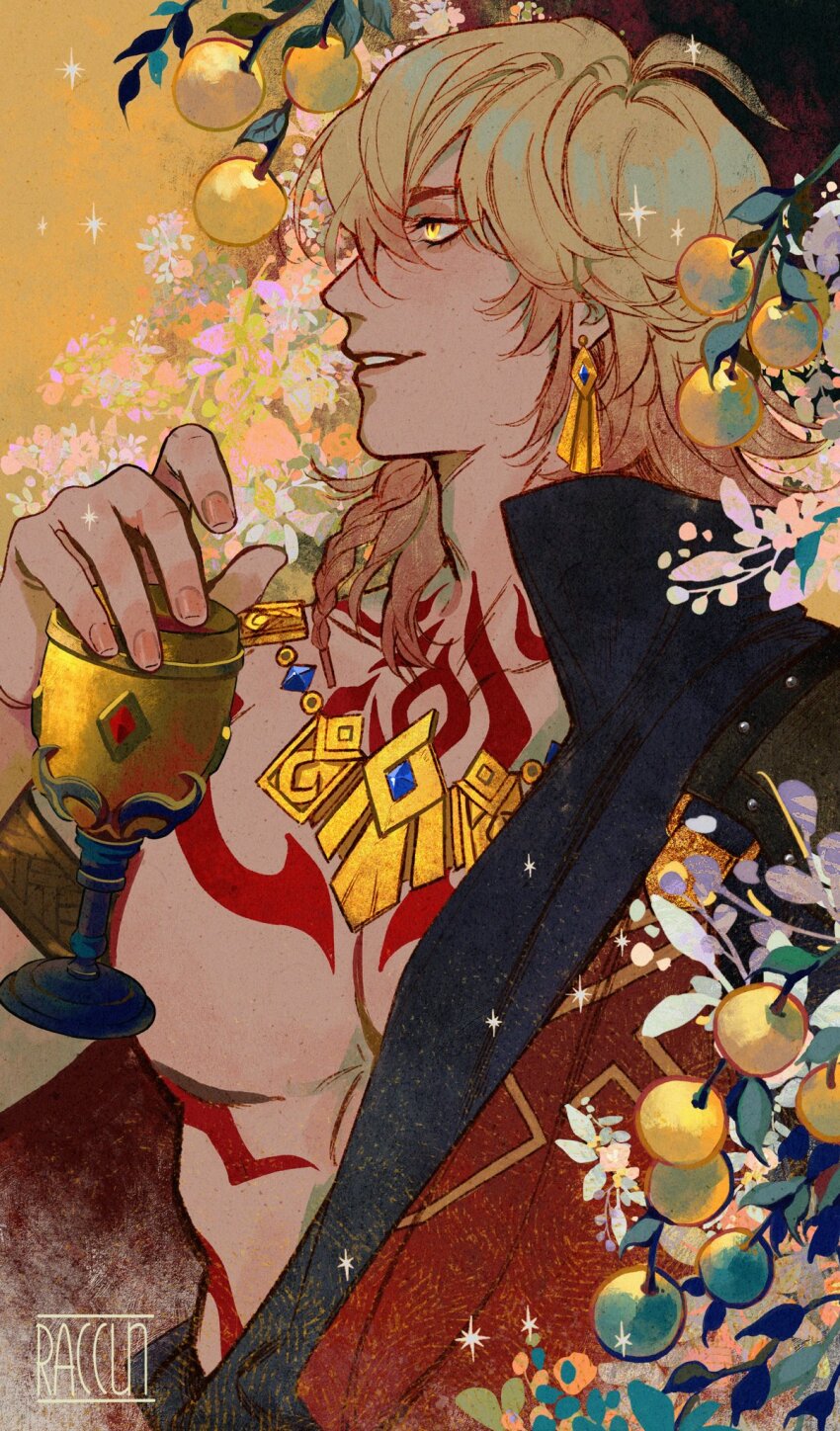 1boy, armlet, artist_name, bare_pectorals, black_coat, blonde_hair, braid, chest_tattoo