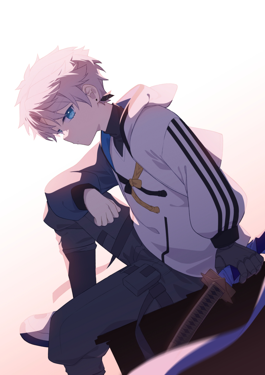 1boy, blue_eyes, fate/grand_order, fate_(series), grey_pants, highres, holding, holding_sword