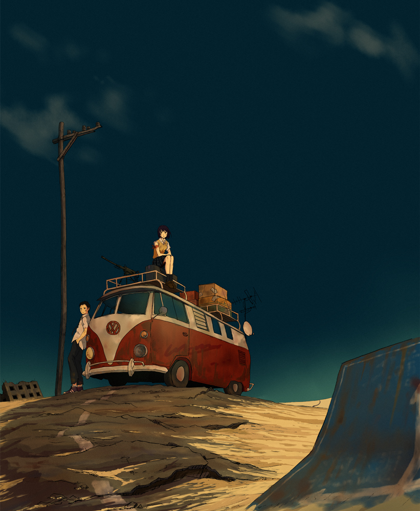 1boy, 1girl, armband, cloud, desert, goke_shike_(altamira05), gun, machine_gun