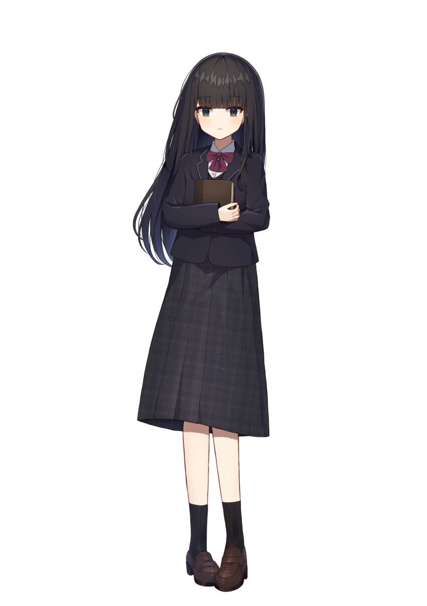 1girl, akatanotaki, black_hair, black_jacket, black_skirt, black_socks, blunt_bangs, book