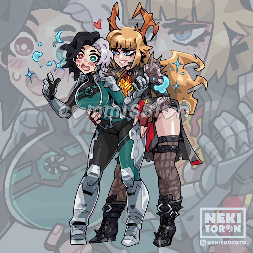 absurdres, black_hair, blue_eyes, breasts, commission, gloves, heterochromia, highres, hug, long_hair, looking_at_viewer, luna_snow, magik_(phoenix_demon)_(x-men), magik_(x-men), marvel, marvel_rivals, multicolored_hair, nekitoron, short_hair, smile, split-color_hair, superhero_costume, thigh_armor, tiger_division, two-tone_hair, white_hair, x-men, yuri