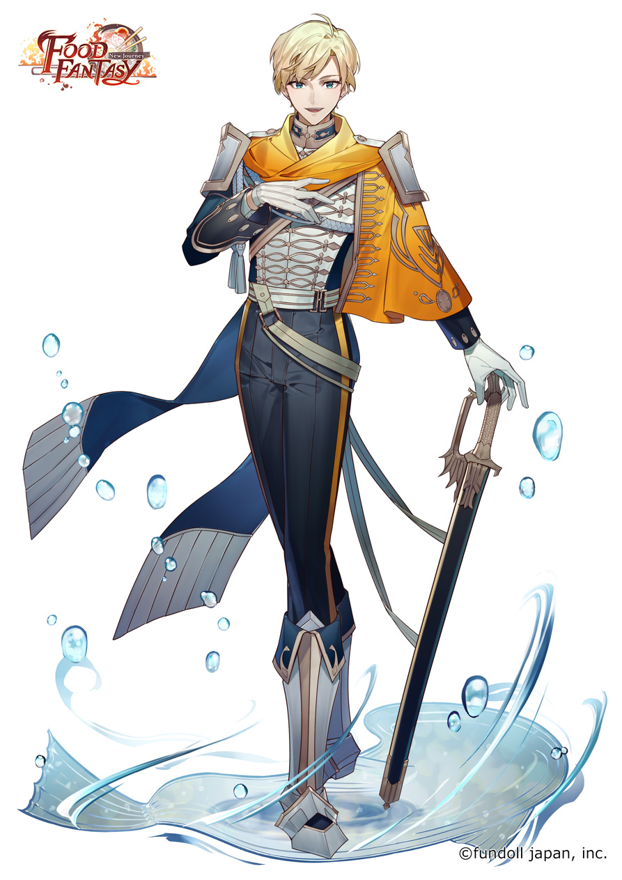 1boy, :d, ahoge, aiguillette, armor, armored_boots, belt, black_pants, blonde_hair, blue_jacket, boots, capelet, copyright_name, copyright_notice, dolman_(jacket), fish, fish_and_chips_(food_fantasy), fold-over_boots, food_fantasy, full_body, gloves, green_eyes, hand_on_hilt, hand_on_own_chest, hand_up, highres, holding, holding_sword, holding_weapon, jacket, long_sleeves, looking_at_viewer, male_focus, multicolored_jacket, official_art, open_mouth, orange_capelet, pants, rezia, sheath, short_hair, shoulder_armor, side_cape, sleeve_cuffs, smile, solo, standing, straight-on, swept_bangs, sword, tassel, two-tone_jacket, waist_cape, water, water_drop, weapon, white_belt, white_boots, white_gloves, white_jacket