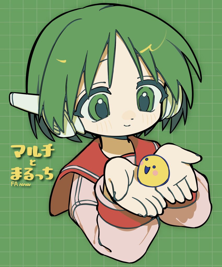 1girl, blush, character_name, closed_mouth, commentary_request, creature, cropped_torso, crossover