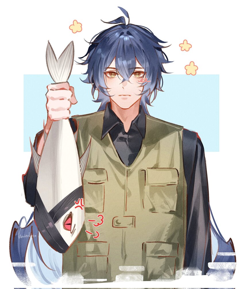 1boy, :|, anger_vein, animal, animalization, antenna_hair, black_shirt, brown_vest