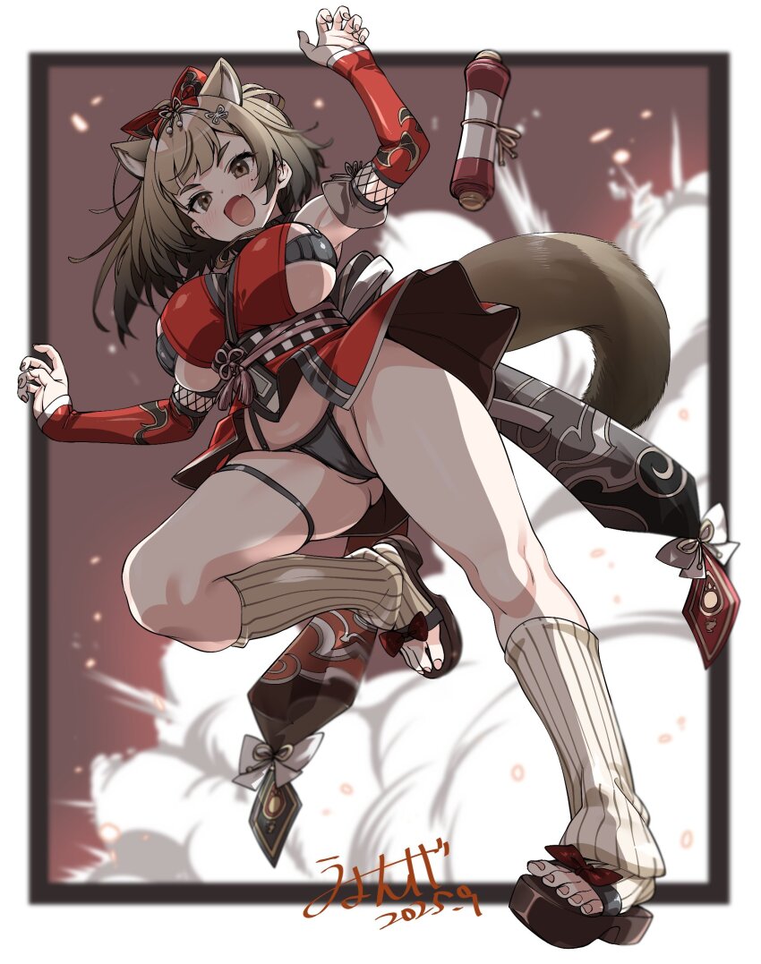 1girl, :d, animal_ears, armpits, azur_lane, black_hair, black_panties, blonde_hair, bow, breasts, brown_eyes, fang, full_body, gradient_hair, hair_bow, highres, knee_up, large_breasts, leg_warmers, looking_at_viewer, mole, mole_under_eye, multicolored_hair, ninja, open_mouth, panties, raccoon_ears, raccoon_girl, raccoon_tail, red_bow, short_hair, skin_fang, smile, solo, taekaze_(azur_lane), tail, thigh_strap, umyonge_(lkakeu), underwear