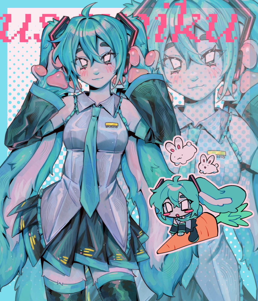 1girl, absurdres, animal_ears, animal_hands, aqua_hair, aqua_necktie, black_skirt, black_sleeves