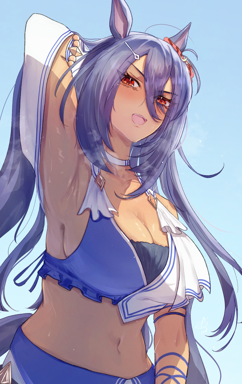 1girl, animal_ears, arm_at_side, arm_behind_head, arm_up, armpits, asymmetrical_sleeves, breasts, cleavage, commentary, crop_top, dark-skinned_female, dark_skin, eyes_visible_through_hair, fangs, hair_between_eyes, hair_ornament, hairclip, highres, hishi_amazon_(azure_amazon)_(umamusume), hishi_amazon_(umamusume), horse_ears, horse_girl, horse_tail, large_breasts, long_hair, midriff, navel, open_mouth, orusun, presenting_armpit, purple_hair, red_eyes, sideboob, solo, stomach, sweat, tail, umamusume, upper_body, very_long_hair