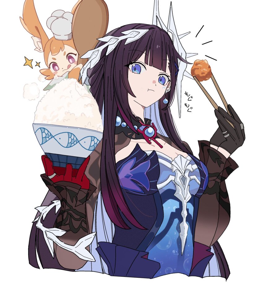 1girl, :q, :t, black_gloves, black_hair, blue_eyes, bowl, breasts