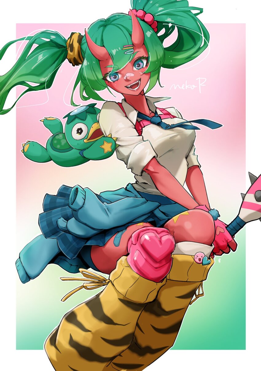 1girl, :d, animal_print, aqua_eyes, bandaid, bandaid_on_face, bandaid_on_nose, clothes_around_waist