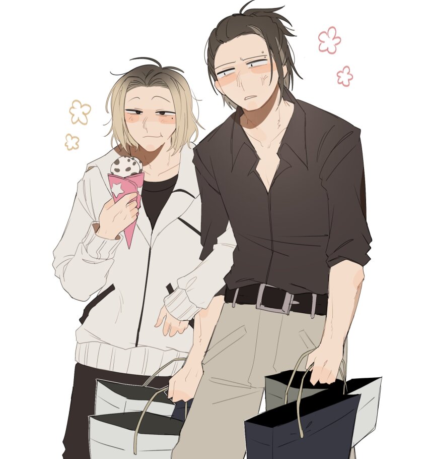 2boys, ahoge, antenna_hair, arms_at_sides, bag, belt, black_pants, black_shirt