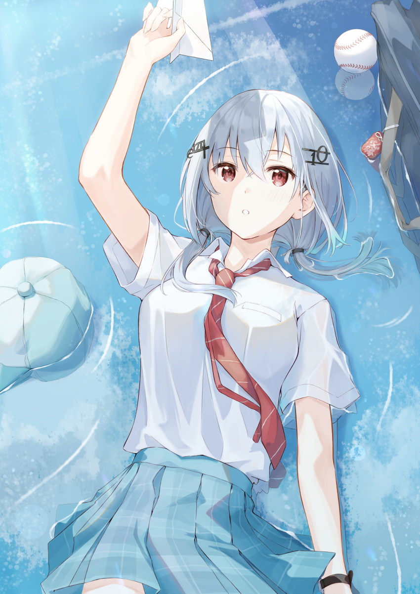 1girl, :o, absurdres, bag, ball, baseball_(object), baseball_cap, blue_hat