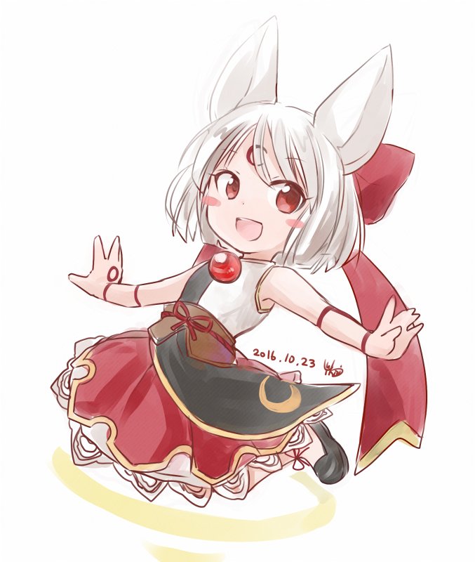 animal_ears, artist_name, black_shirt, black_shoes, blush_stickers, body_markings, child, dated, emil_chronicle_online, facial_mark, hair_ribbon, open_mouth, outstretched_arms, red_eyes, red_ribbon, red_skirt, ribbon, rq_note, shirt, shoes, shugoma_uru, skirt, sleeveless, sleeveless_shirt, two-tone_shirt, white_hair, white_shirt