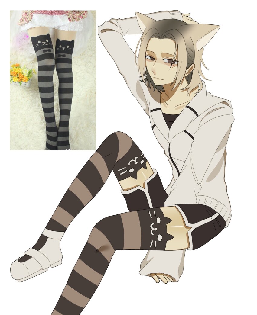 1boy, animal_ear_legwear, animal_ears, arm_between_legs, arm_up, black_shirt, black_shorts, blonde_hair