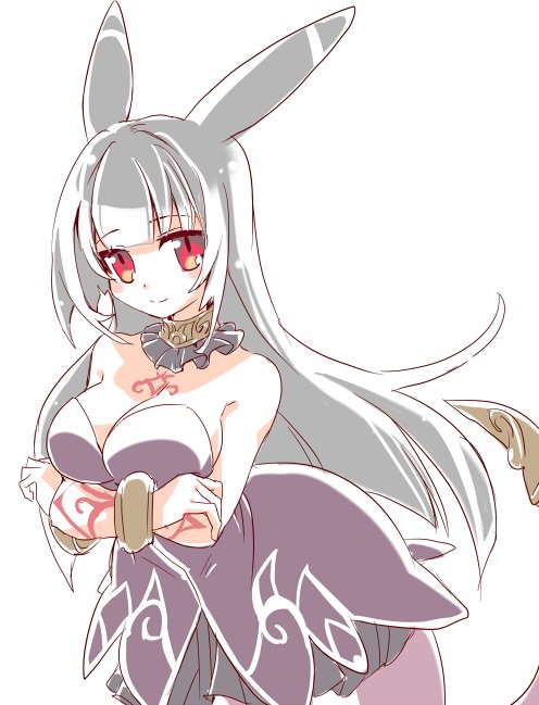 1girl, animal_ears, armlet, black_hair, black_shirt, black_skirt, body_markings, breasts, choker, cleavage, emil_chronicle_online, frilled_choker, frills, gold_armlet, gold_choker, lamia, large_breasts, long_hair, monster_girl, off-shoulder_shirt, off_shoulder, red_eyes, reimi_(emil_chronicle_online), shirt, skirt, smile, solo, white_background, yusa_yuyu