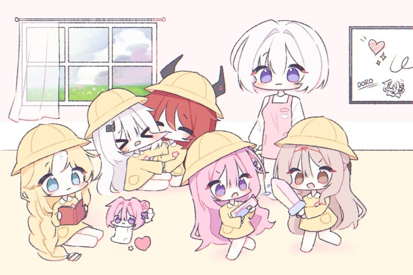 6+girls, :3, aged_down, alternate_costume, apron, biting, blonde_hair, blue_eyes, blush, bow, breasts, brown_hair, child, closed_eyes, closed_mouth, commentary_request, creature, deformed, doro_(nikke), dorothy_(nikke), double-parted_bangs, goddess_(nikke), goddess_of_victory:_nikke, gyulnyan_519, hair_between_eyes, hair_bow, hair_bun, hat, heart, holding, holding_sword, holding_water_gun, holding_weapon, horns, horns_through_headwear, indoors, kindergarten, kindergarten_uniform, korean_commentary, liliweiss_(nikke), long_hair, long_sleeves, looking_at_another, multiple_girls, open_mouth, pink_apron, pink_hair, purple_bow, purple_eyes, rapunzel_(nikke), rapunzel_(pure_grace)_(nikke), red_hair, red_hood_(nikke), running, scarlet_(black_shadow)_(nikke), scarlet_(nikke), school_hat, shirt, short_hair, single_hair_bun, sitting, smile, snow_white_(innocent_days)_(nikke), snow_white_(nikke), sword, toy_sword, water_gun, weapon, white_hair, white_shirt, window, yellow_hat, yellow_shirt