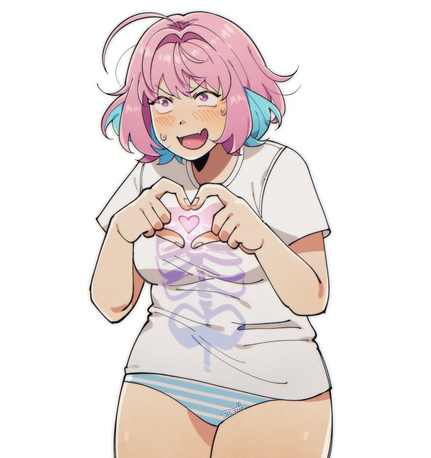 1girl, absurdres, ahoge, blue_hair, blue_panties, blush, breasts, commentary